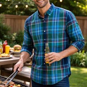 CLUB ROOM BLUE/GREEN STRIPED BUTTON DOWN LONG SLEEVE SHIRT SIZE XXL